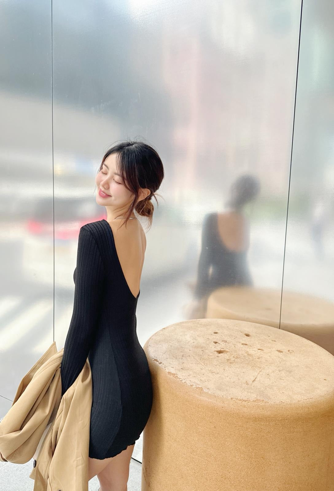 波浪喇叭袖坑紋長袖連身裙(三色)