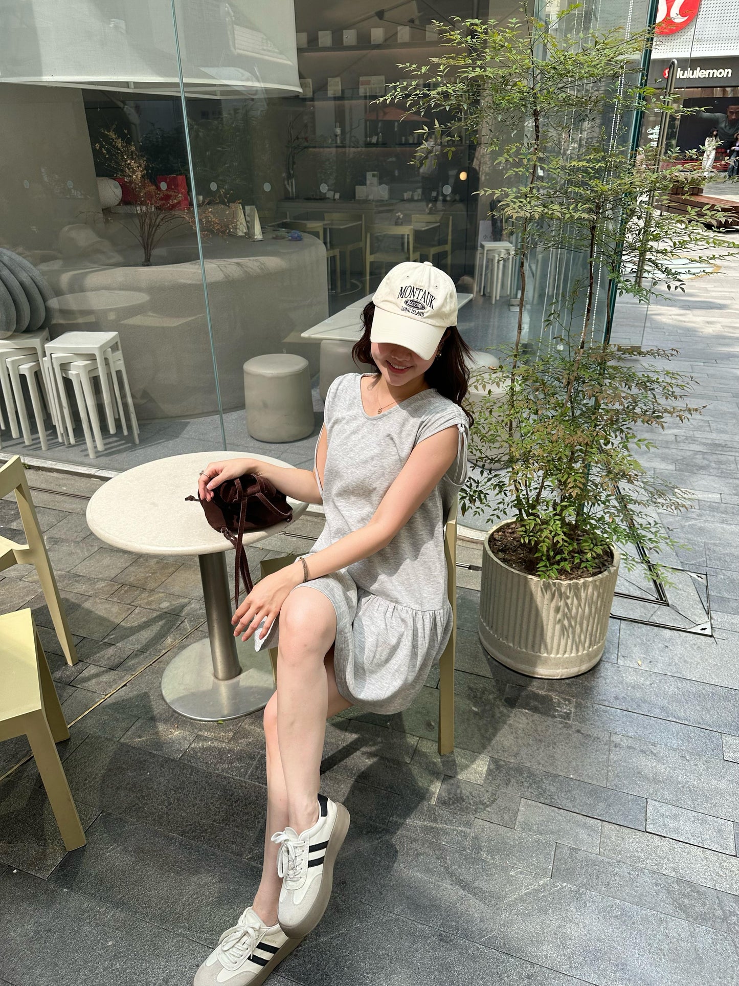CU-淺灰綁袖ruffle連身裙