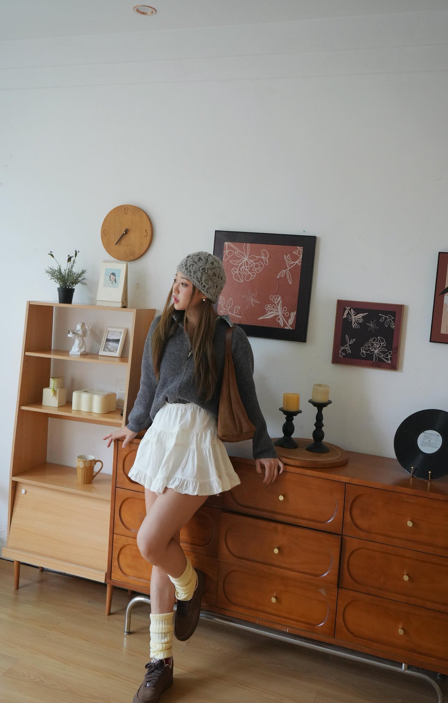 灰拼色牛仔領針織上衣/外套