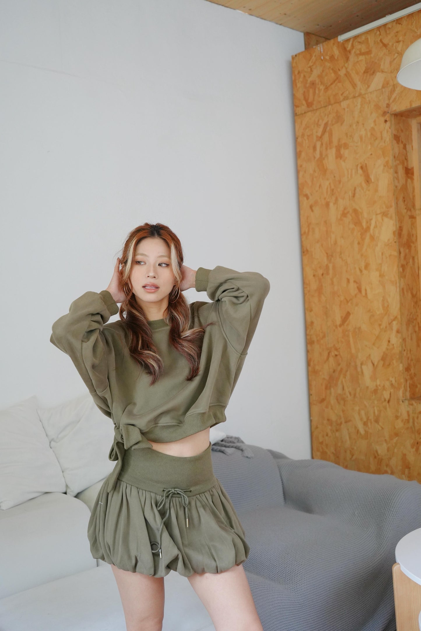 Ribbon crop top +bubble mini skirt