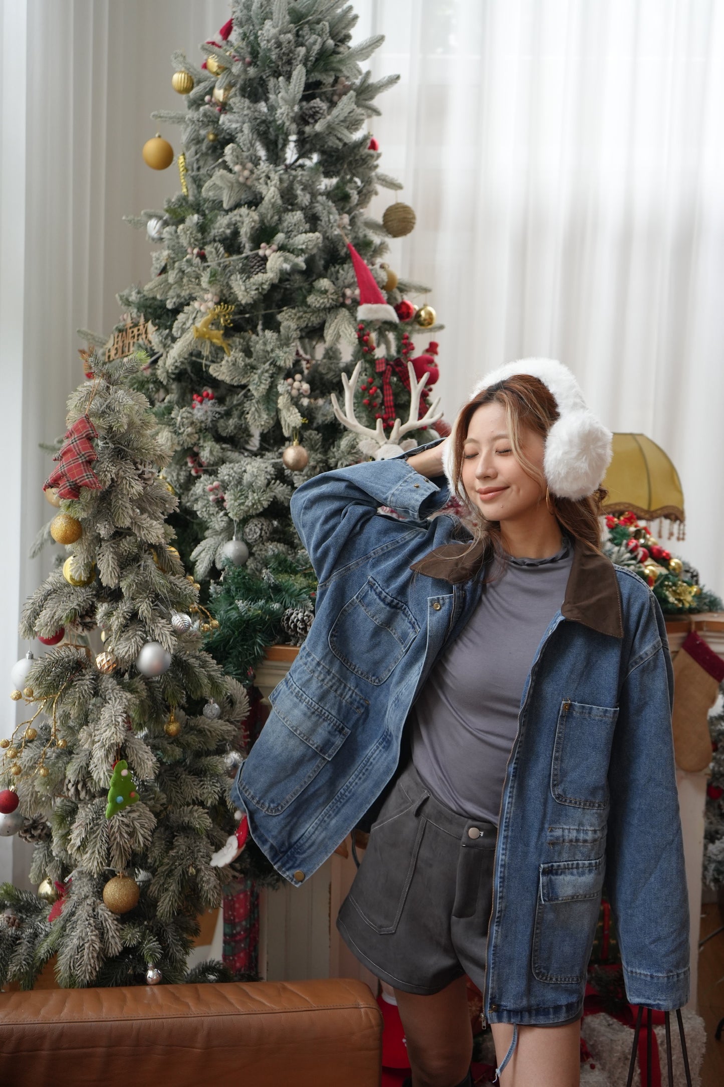 拼領洗水牛仔中長外套