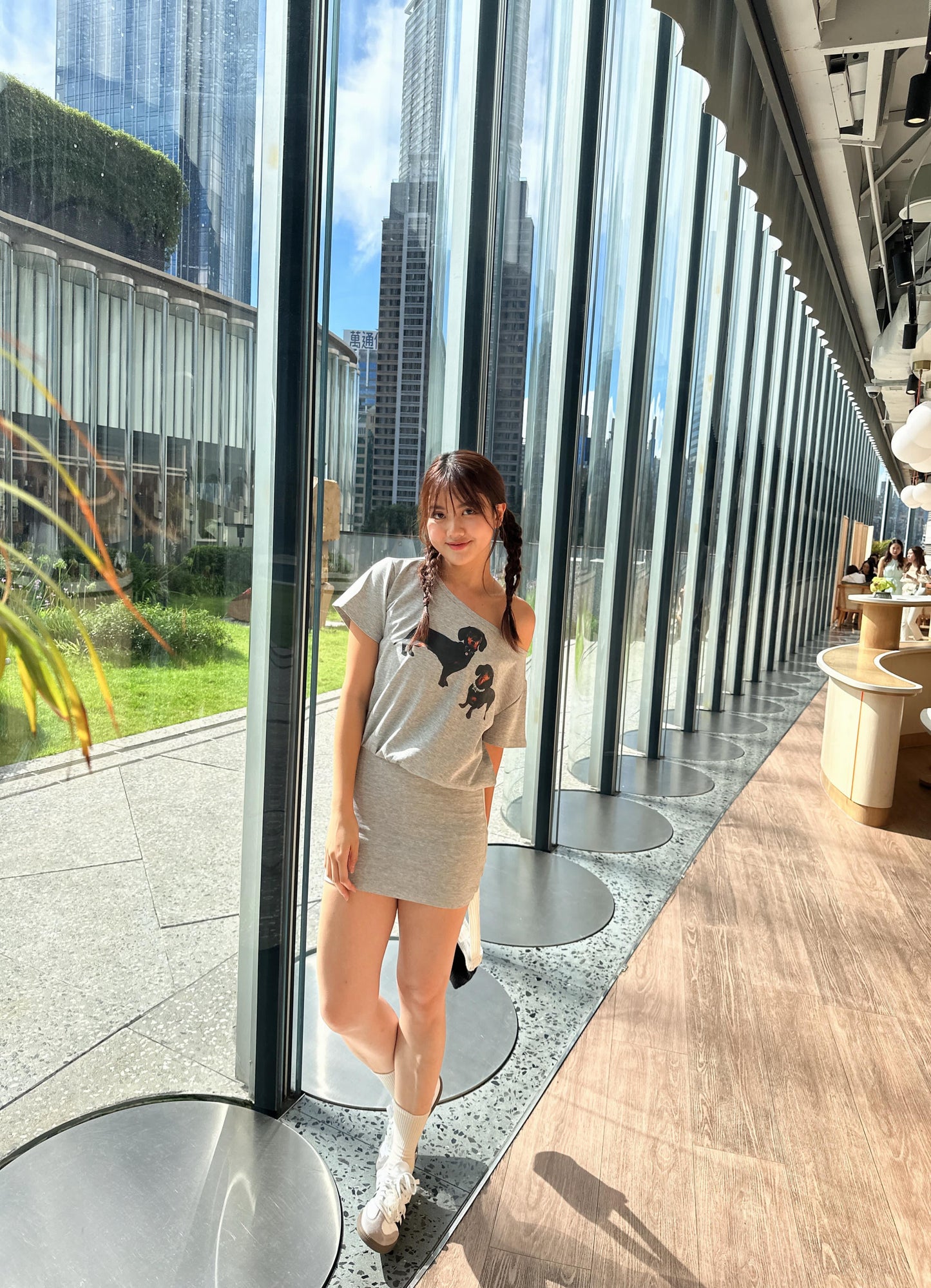 CU- 斜膊tee 包臀連身裙(灰/白)