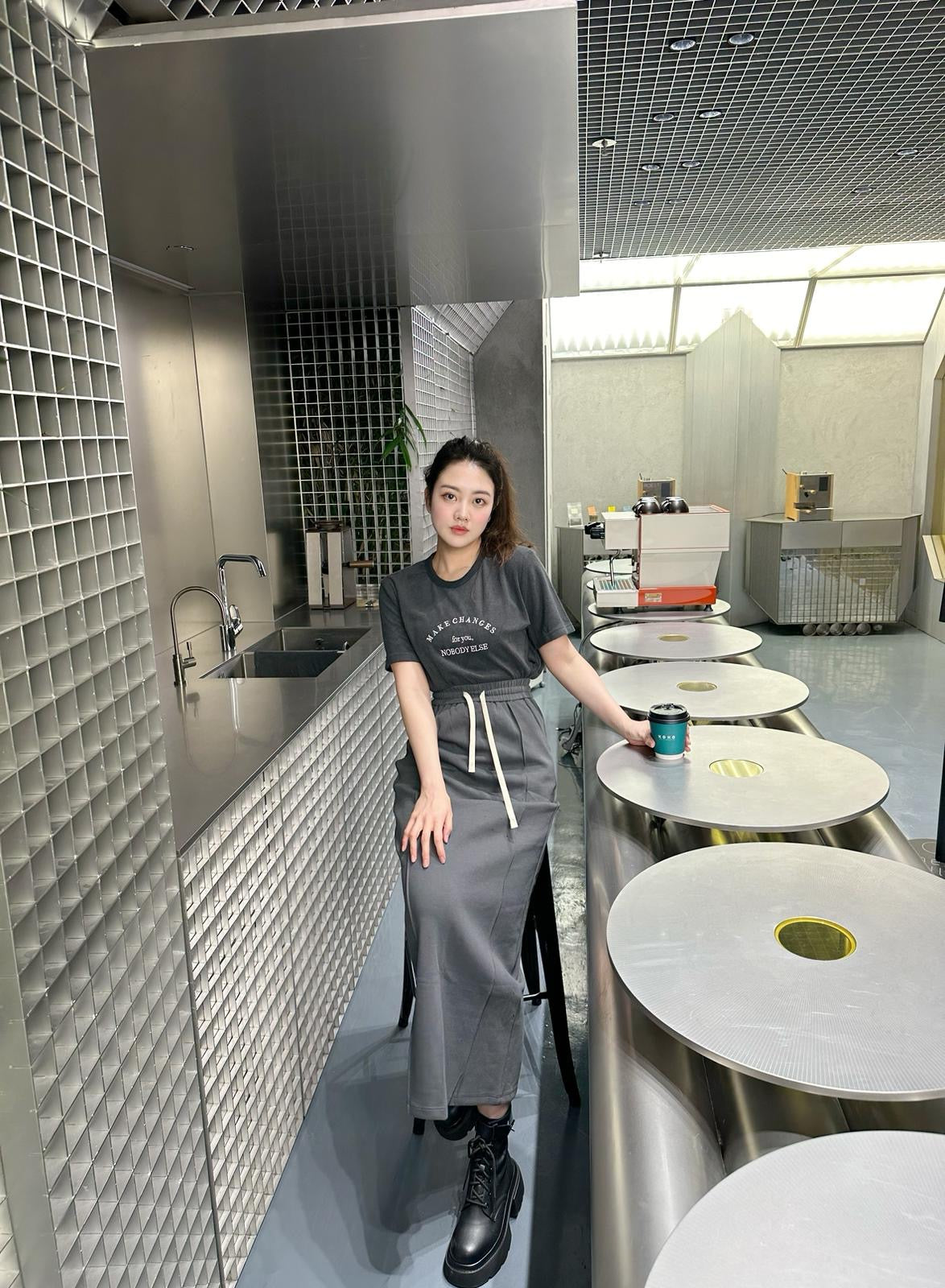 CU- 碳灰色隨性衛衣長裙