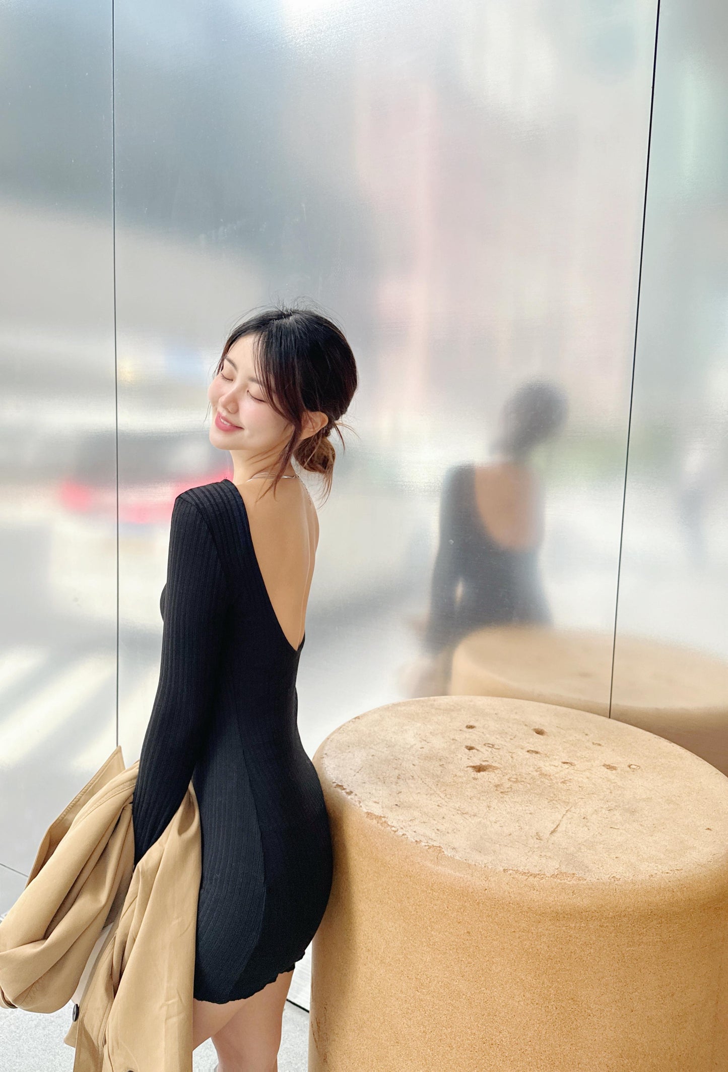 波浪喇叭袖坑紋長袖連身裙(三色)
