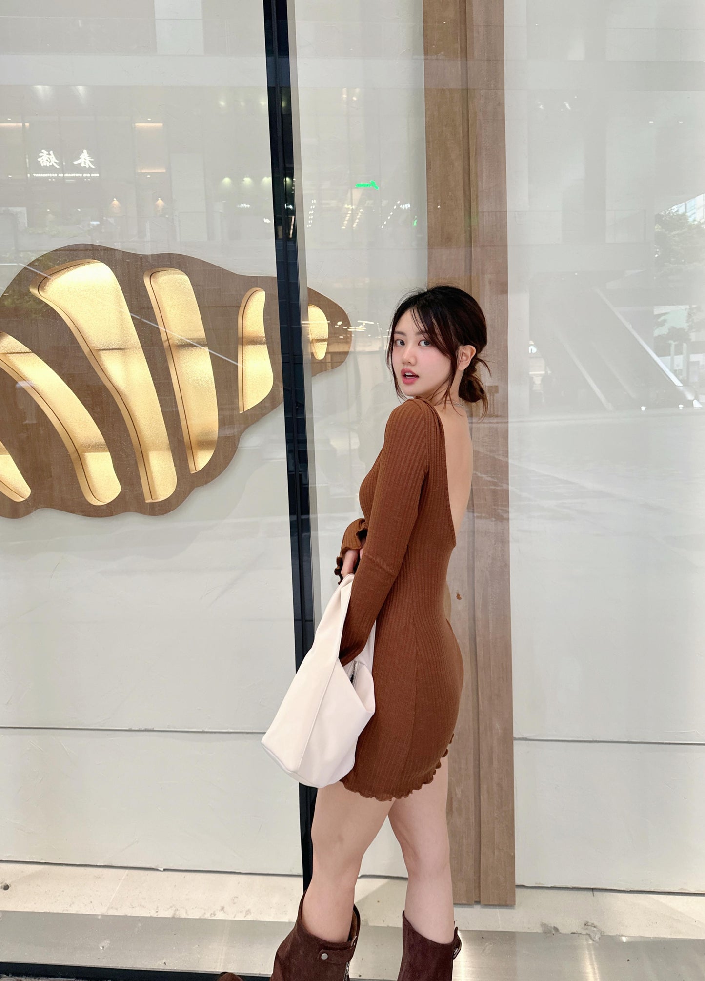 波浪喇叭袖坑紋長袖連身裙(三色)
