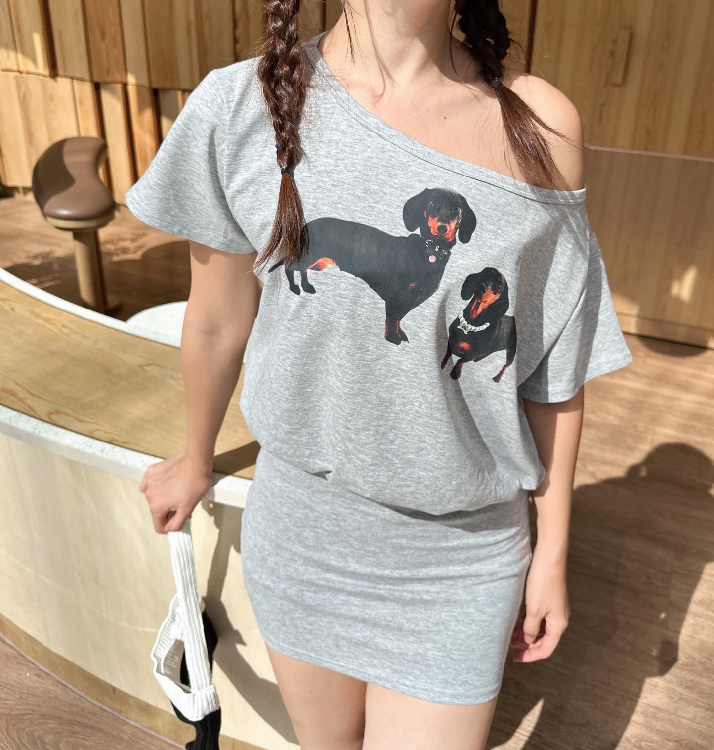 CU- 斜膊tee 包臀連身裙(灰/白)
