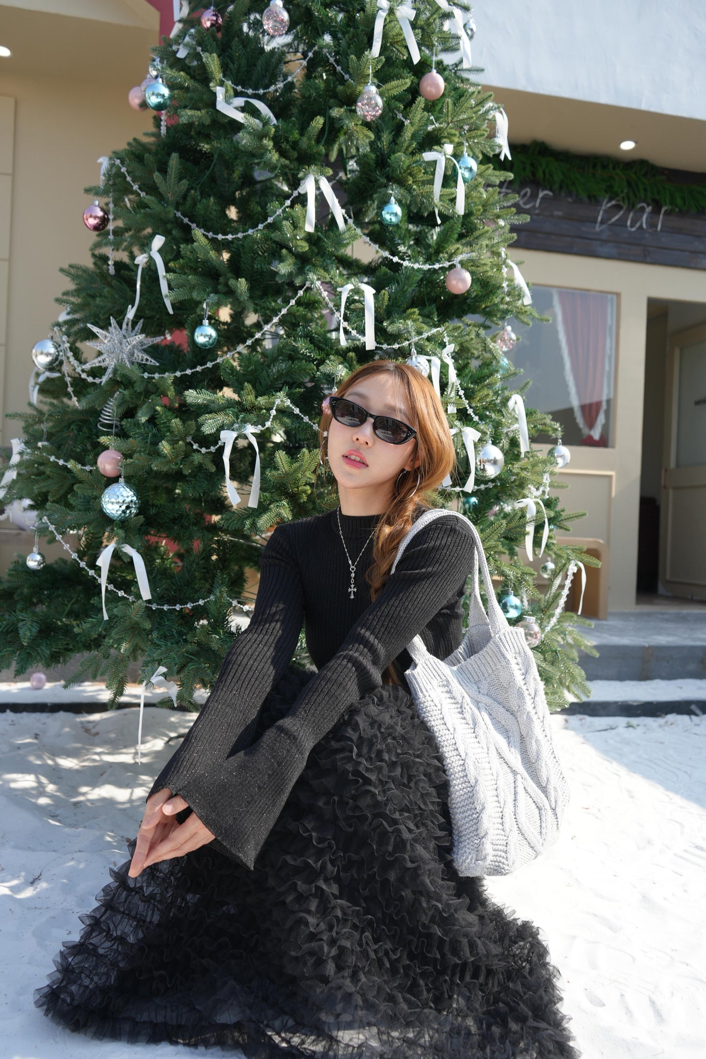 CU-重手工紗紗橡筋腰半身裙（黑/白）