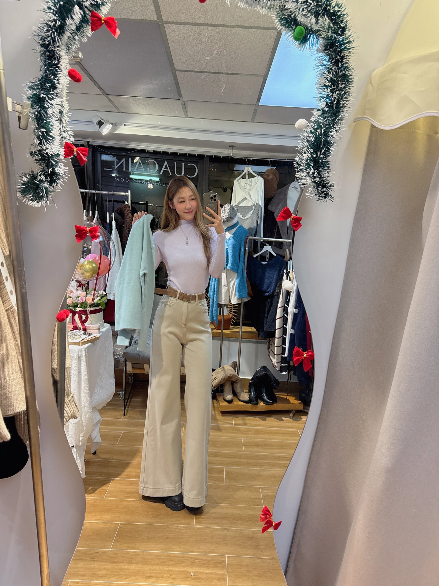 CU-冬日絨奶茶灰闊腳長腿褲(S/M/L）