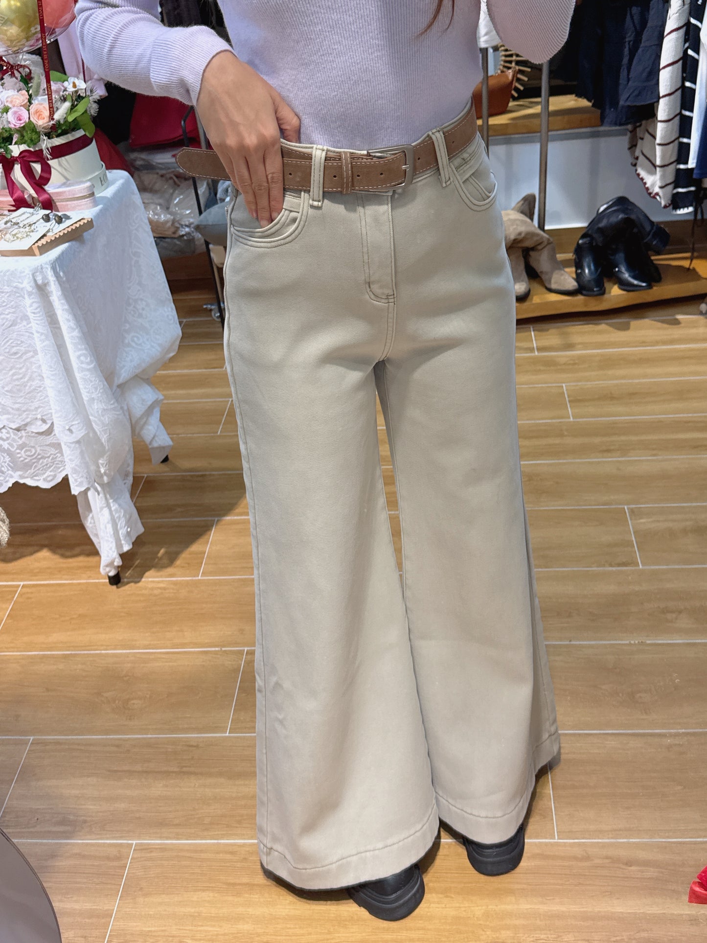 CU-冬日絨奶茶灰闊腳長腿褲(S/M/L）