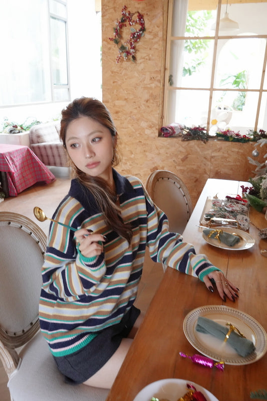 冬日間條polo領針織上衣