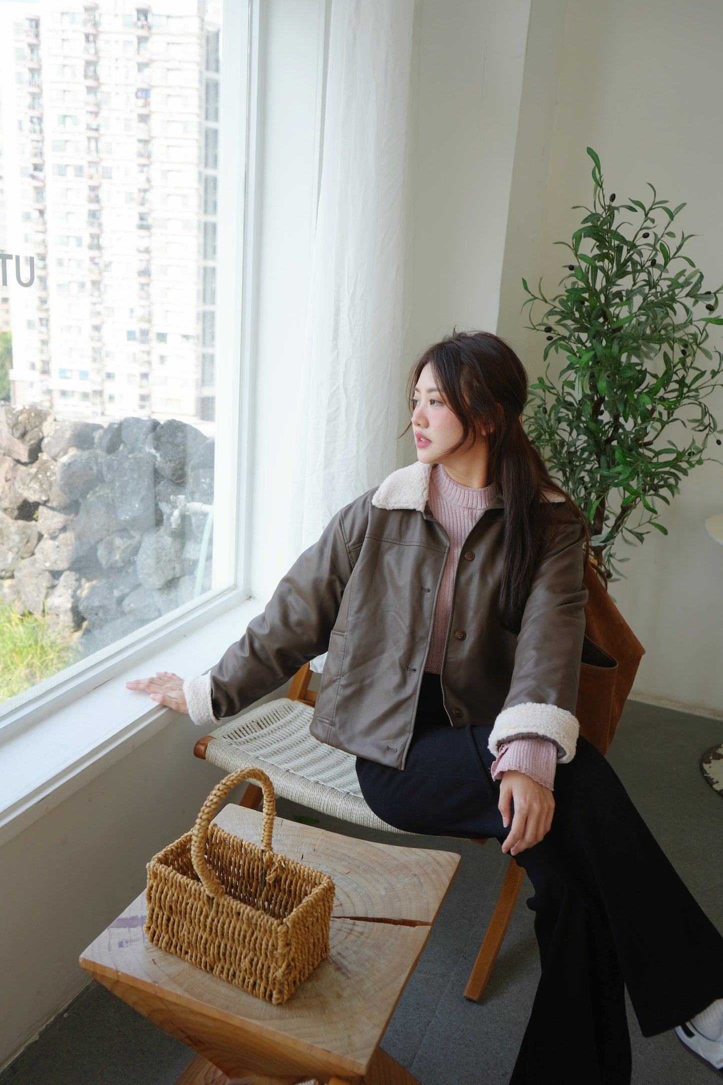 毛毛領拼皮夾棉外套