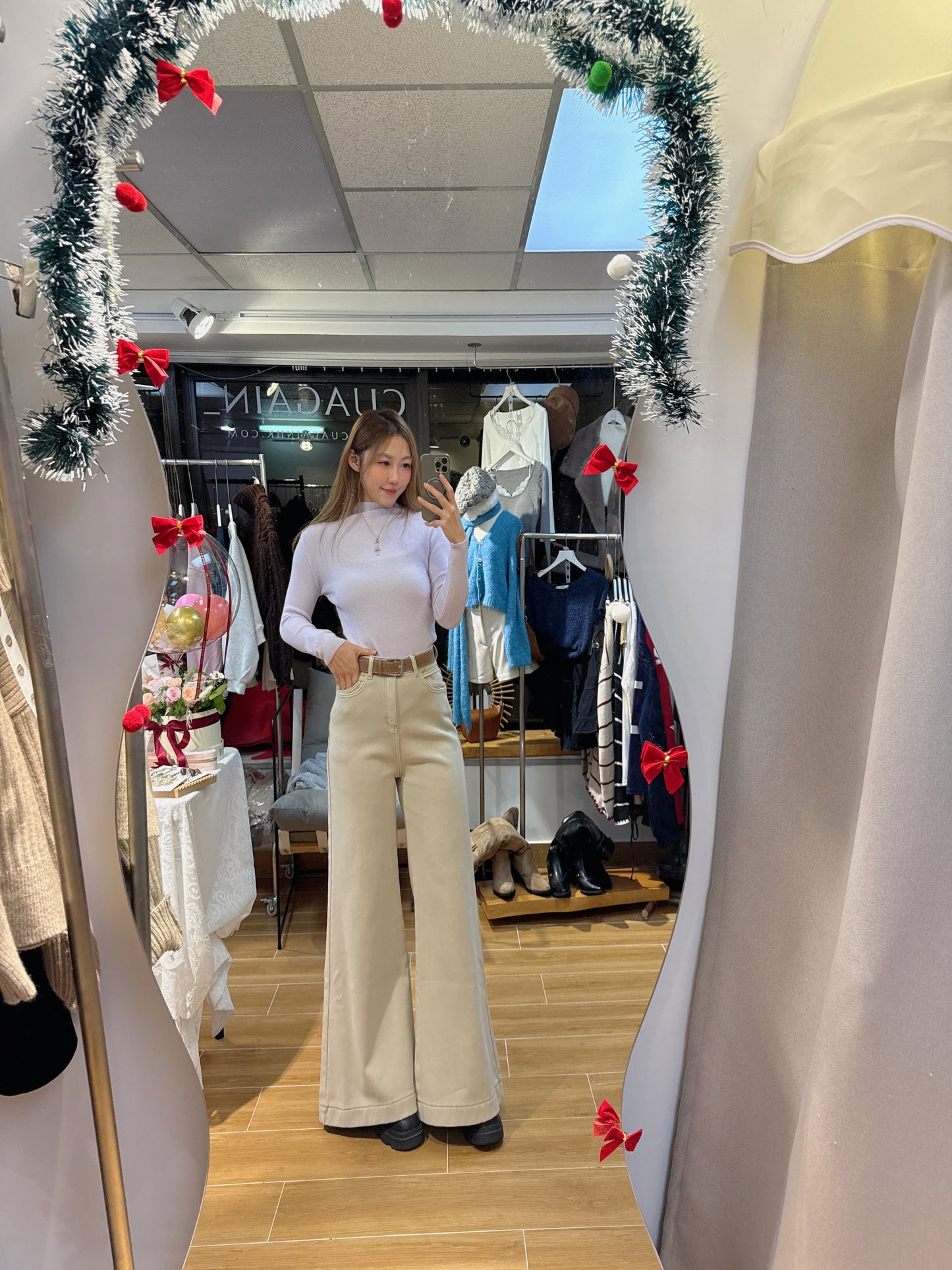 CU-冬日絨奶茶灰闊腳長腿褲(S/M/L）