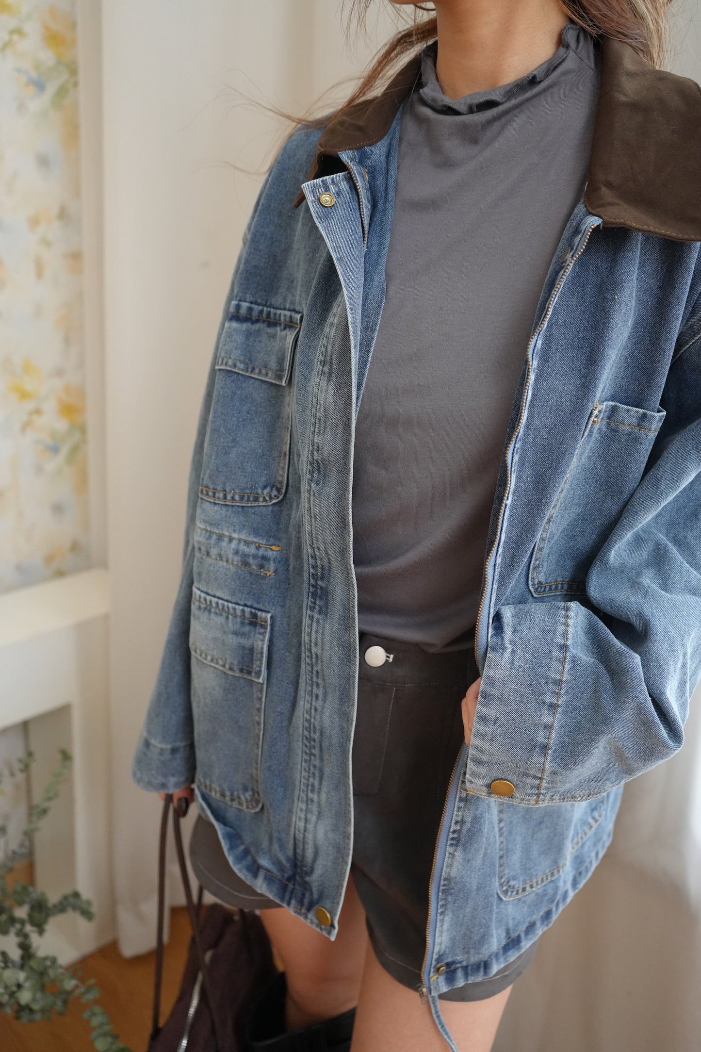 拼領洗水牛仔中長外套