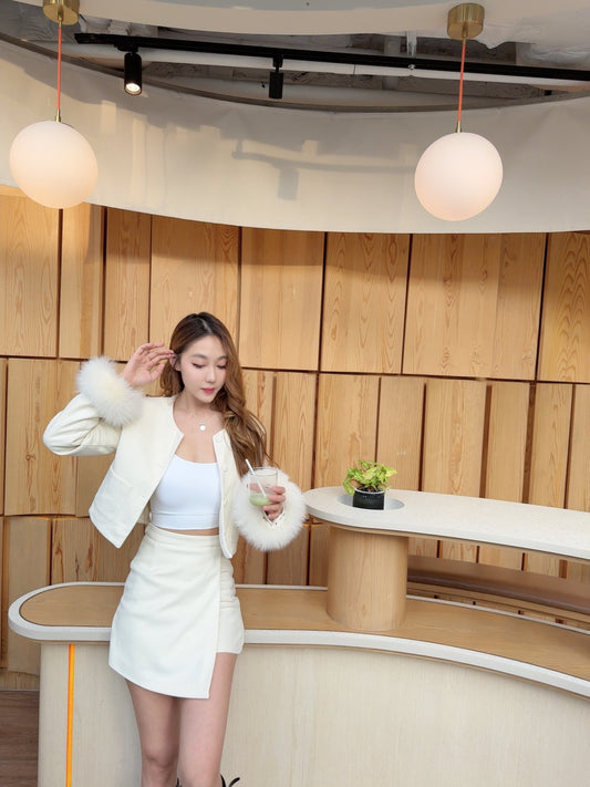 超高級羽絨毛毛手袖外套加短裙套裝