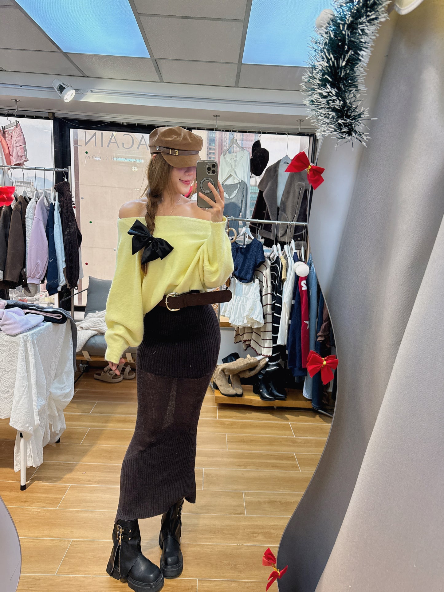 CU聖誕限定-雪絨針織錯覺魚尾裙（白/啡）