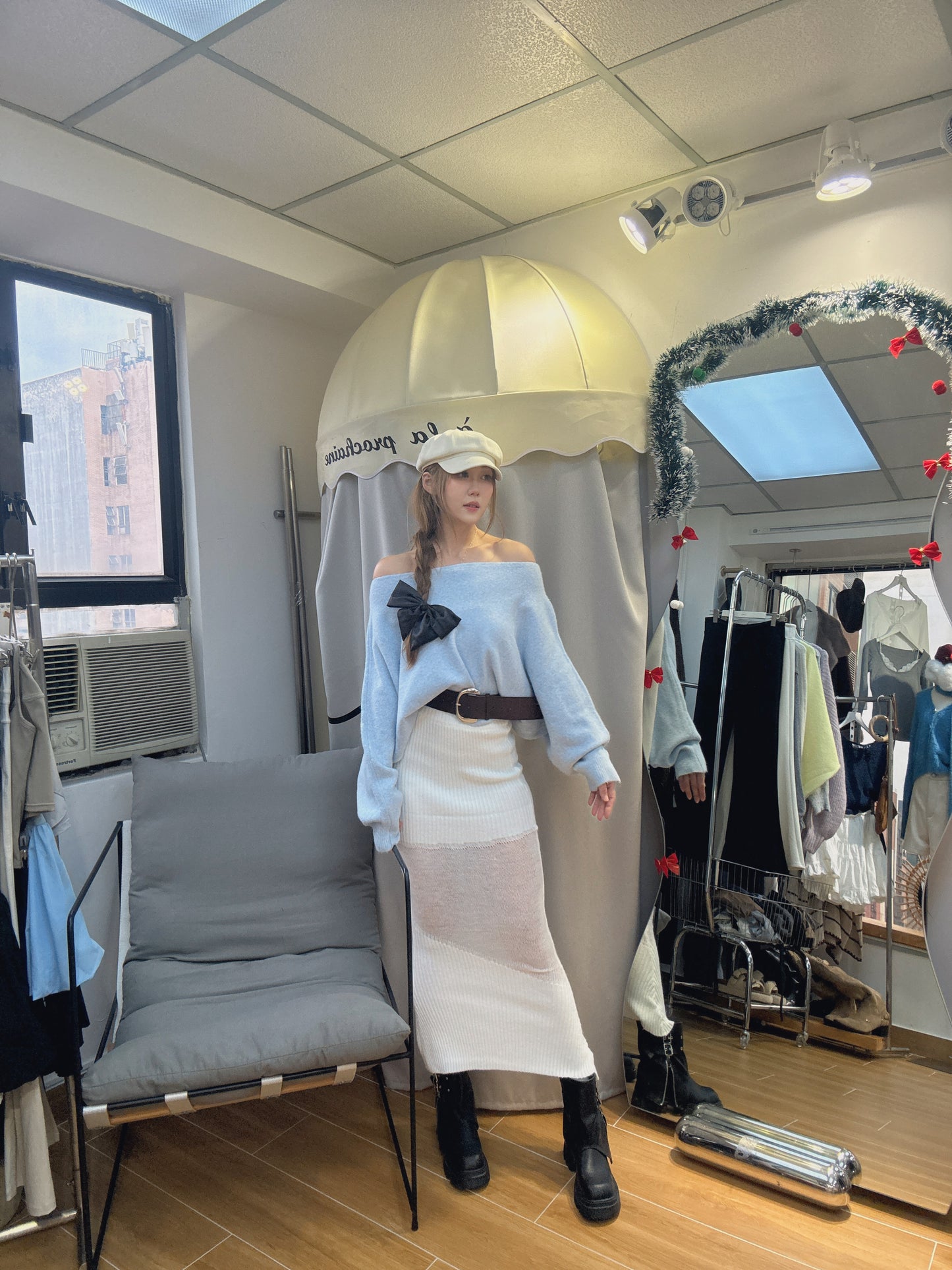 CU聖誕限定-雪絨針織錯覺魚尾裙（白/啡）