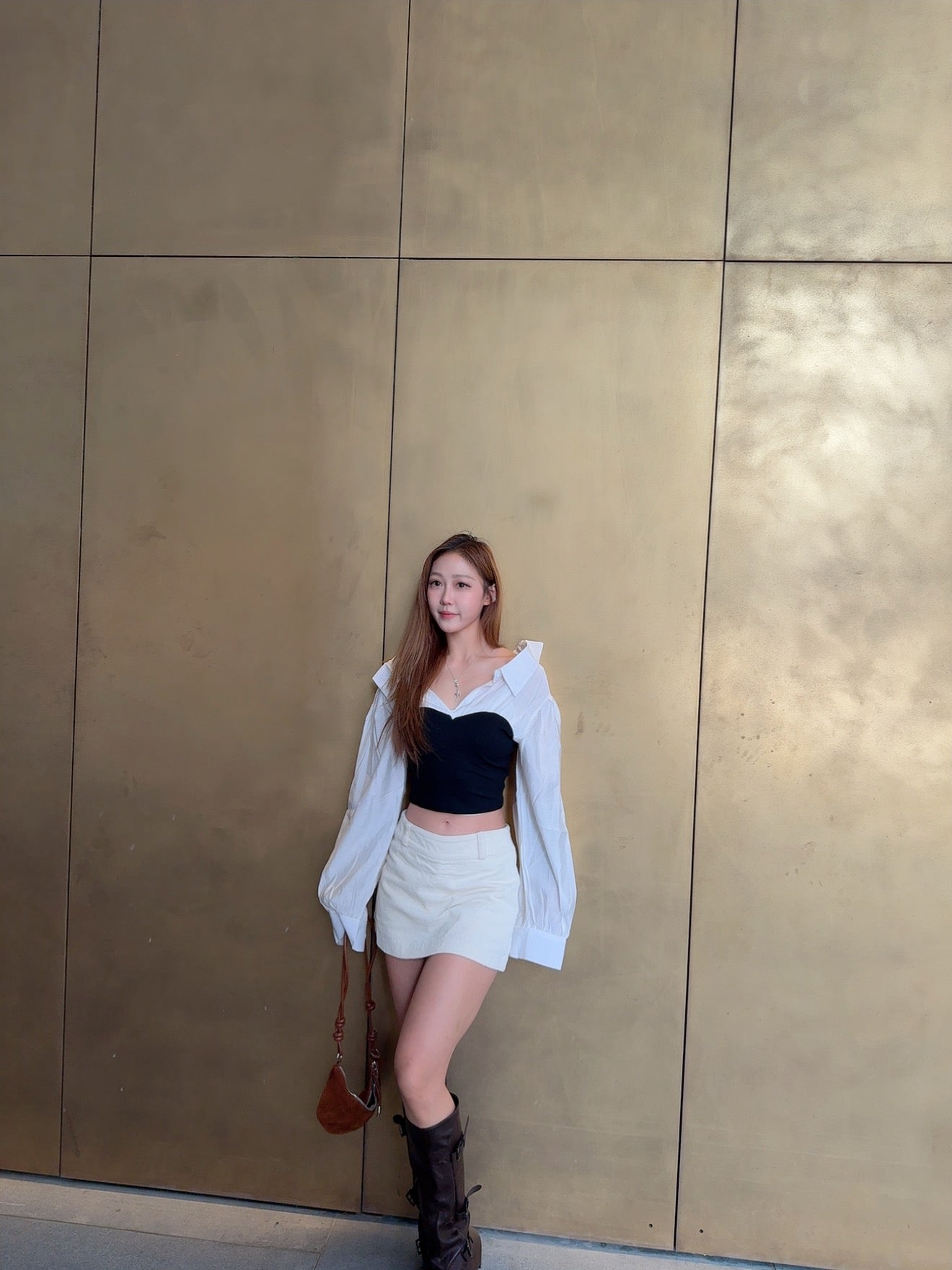 氣質小資女恤衫拼接上衣（啡/黑）