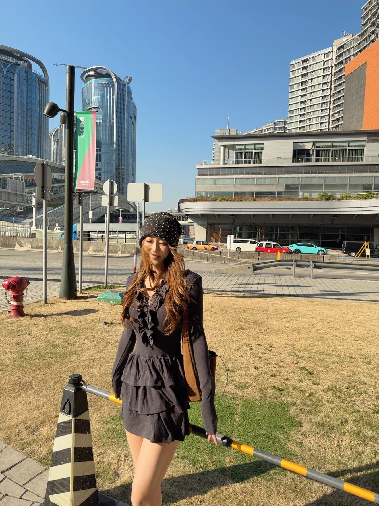 彈力棉質蛋糕連身短裙（黑/灰）