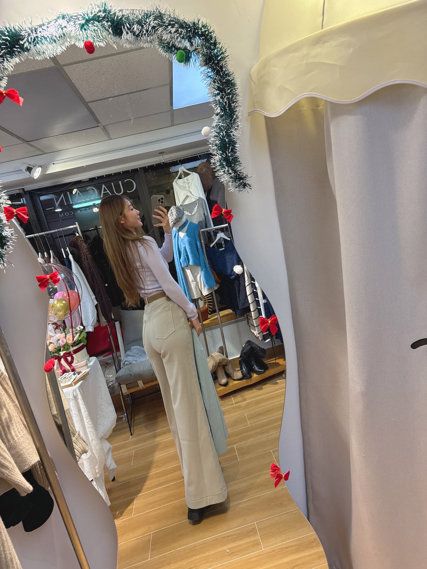 CU-冬日絨奶茶灰闊腳長腿褲(S/M/L）