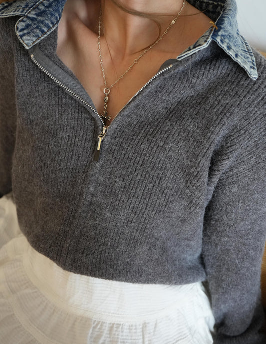 灰拼色牛仔領針織上衣/外套