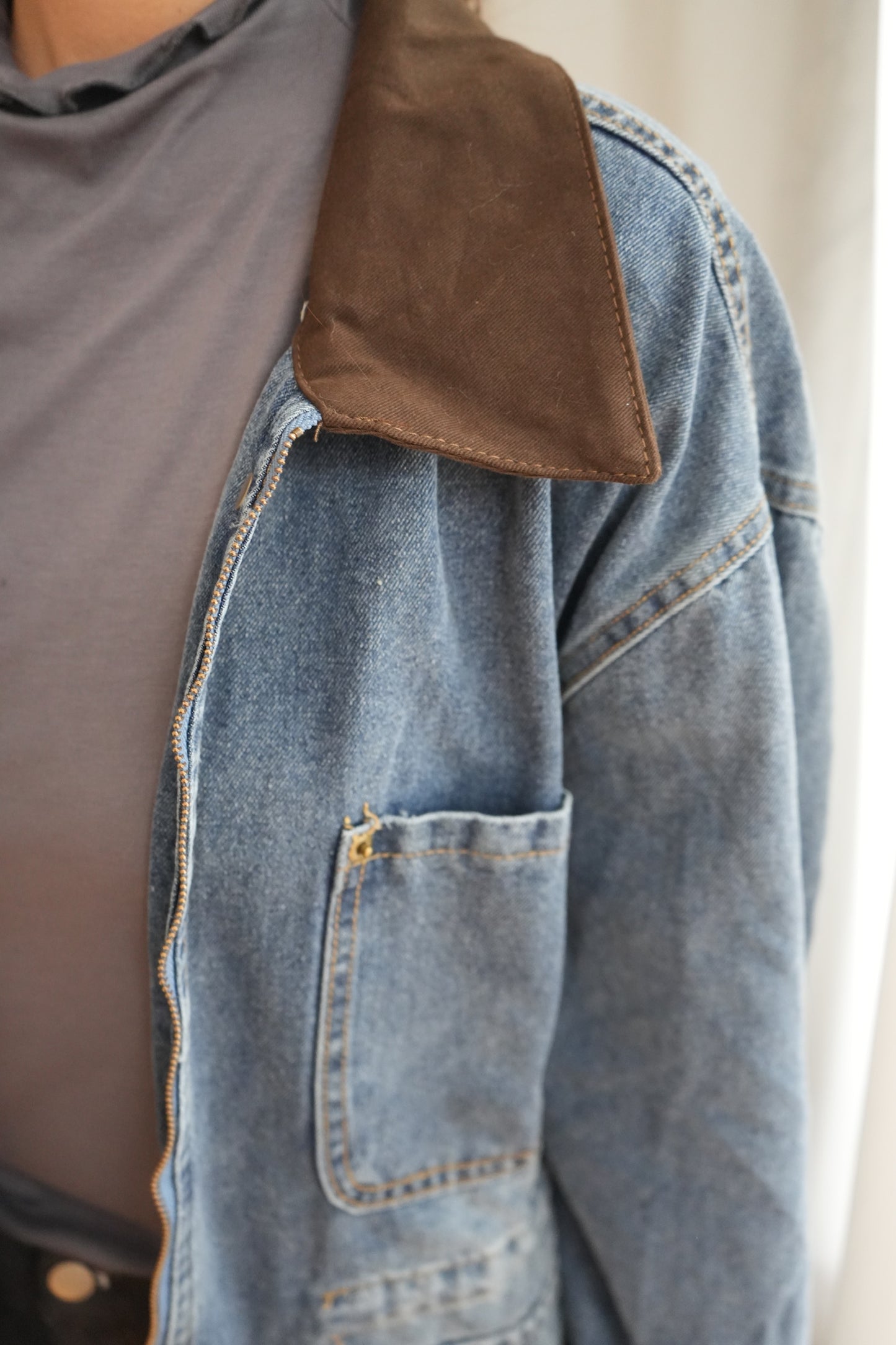 拼領洗水牛仔中長外套