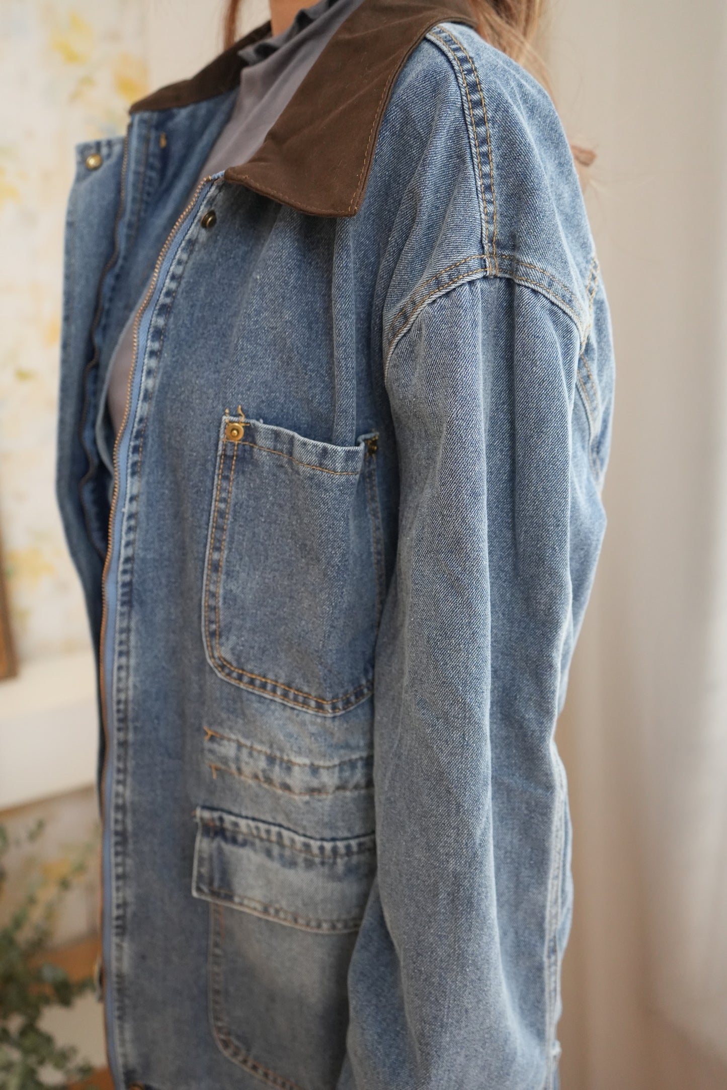 拼領洗水牛仔中長外套