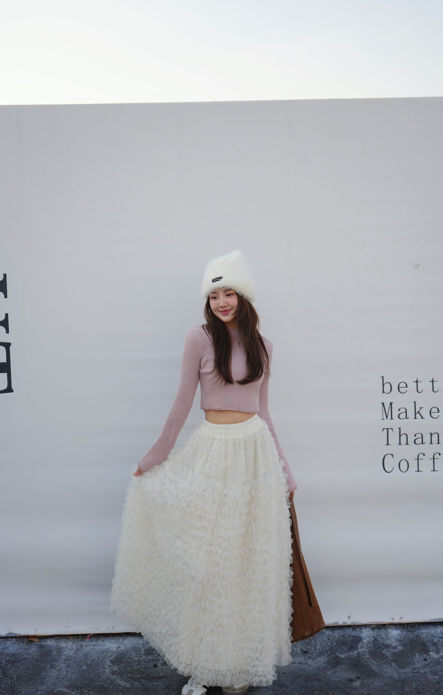 CU-重手工紗紗橡筋腰半身裙（黑/白）