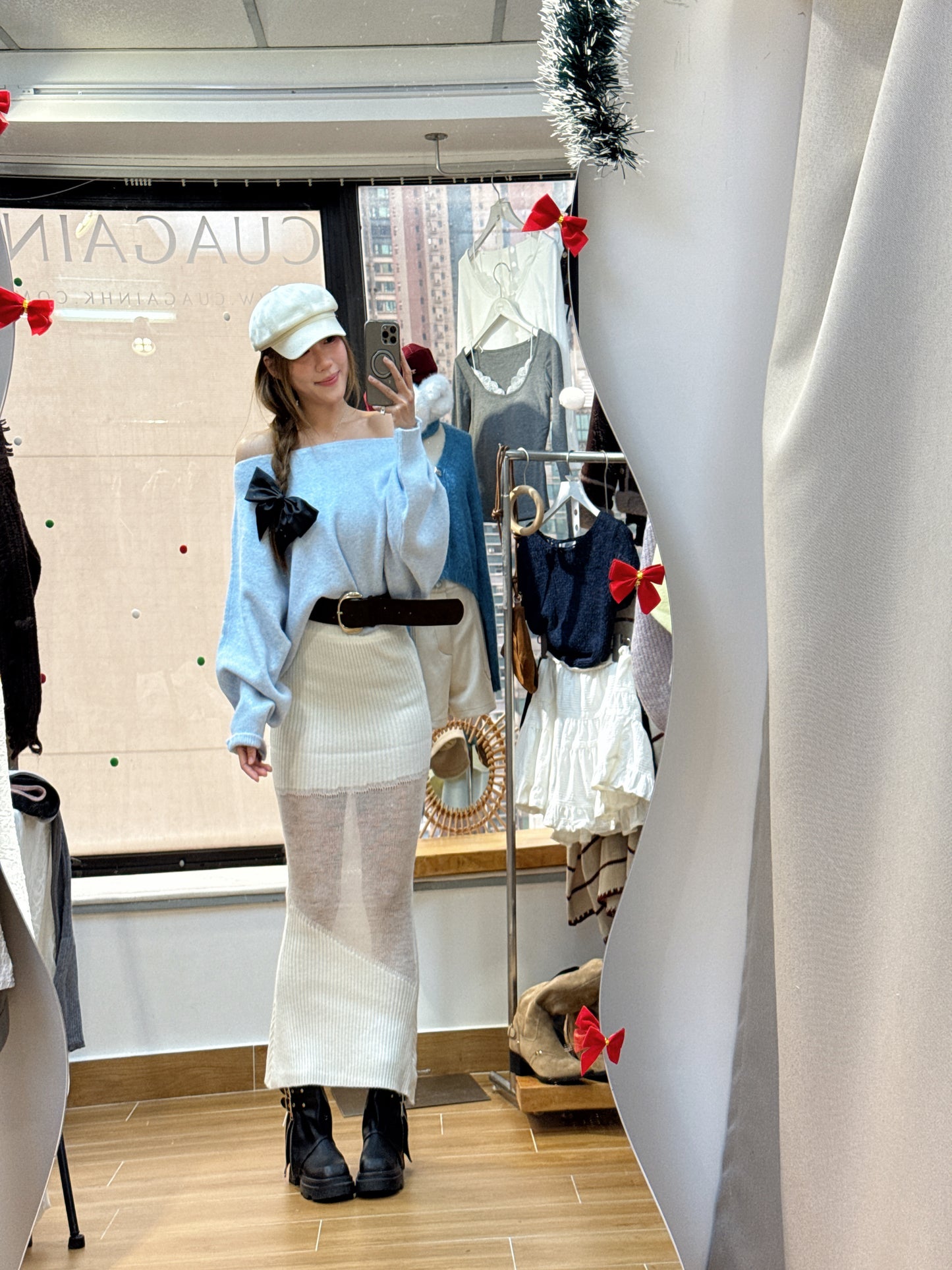 CU聖誕限定-雪絨針織錯覺魚尾裙（白/啡）