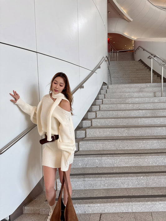 純白麻花針織裙連頸巾套裝