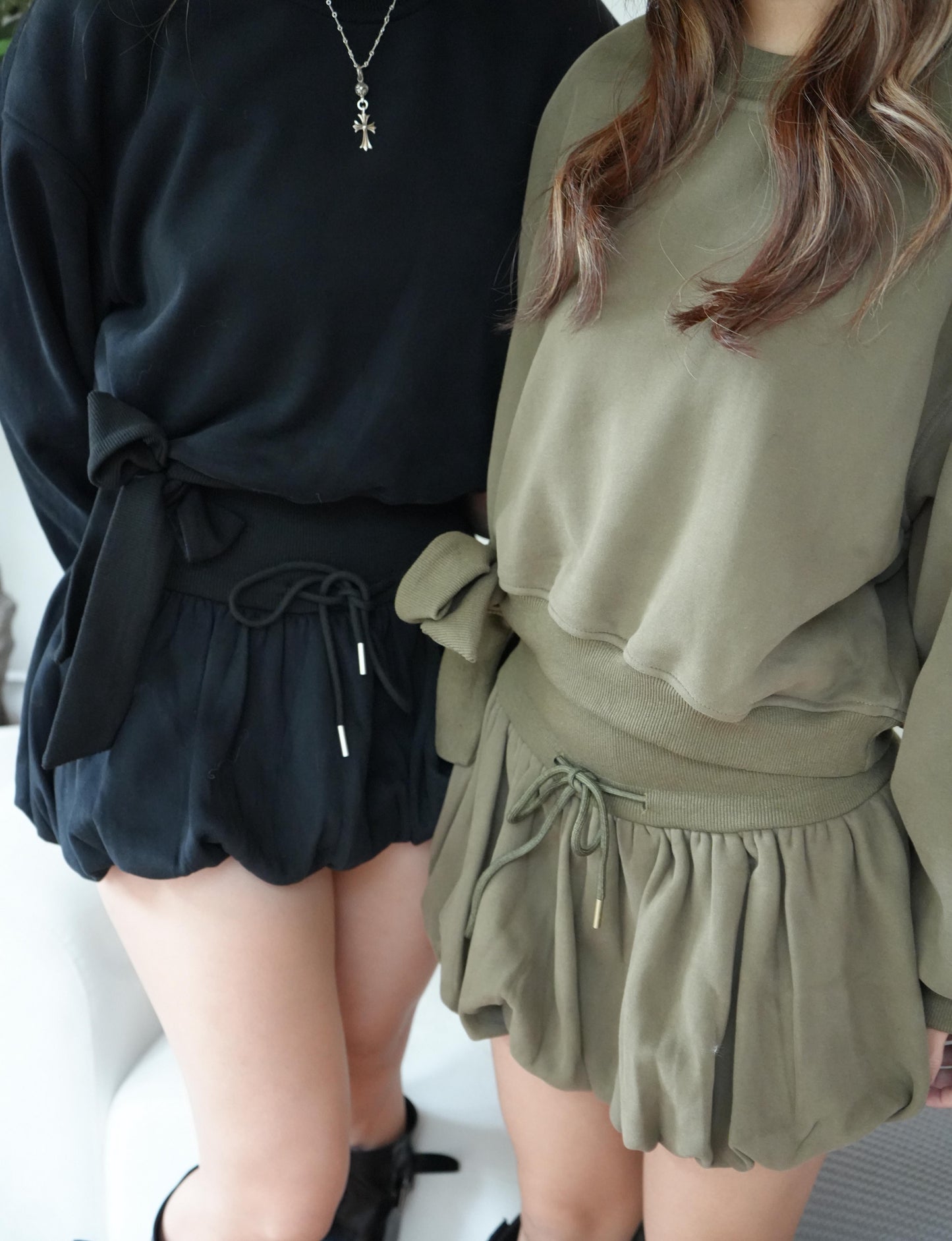 Ribbon crop top +bubble mini skirt