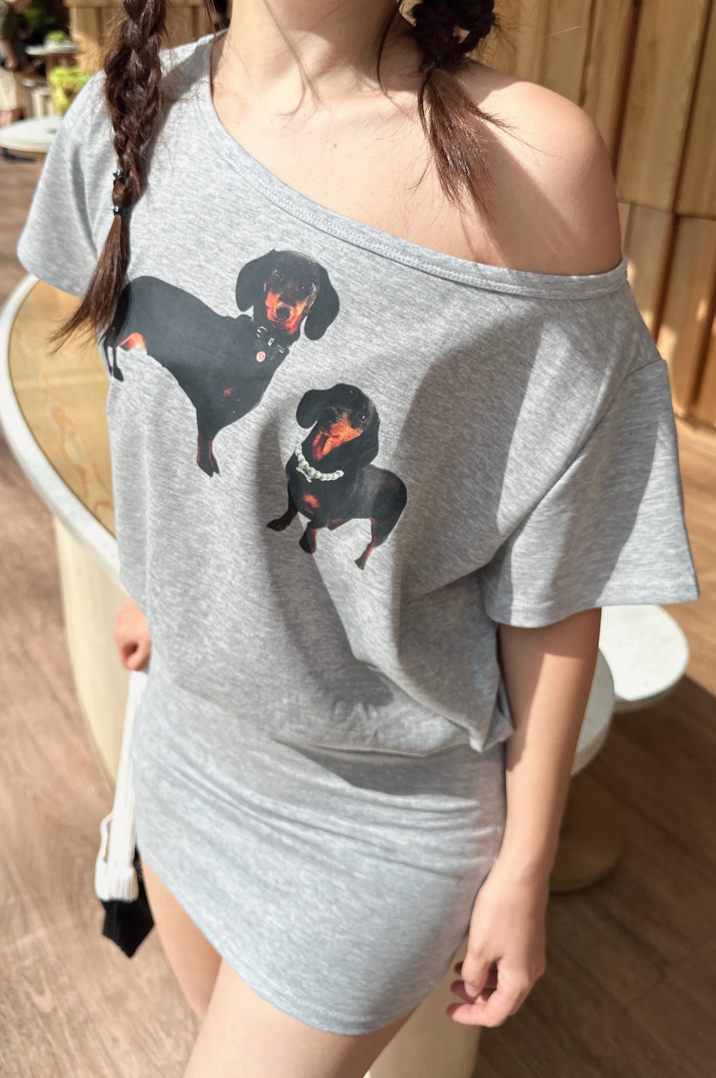 CU- 斜膊tee 包臀連身裙（灰/白）