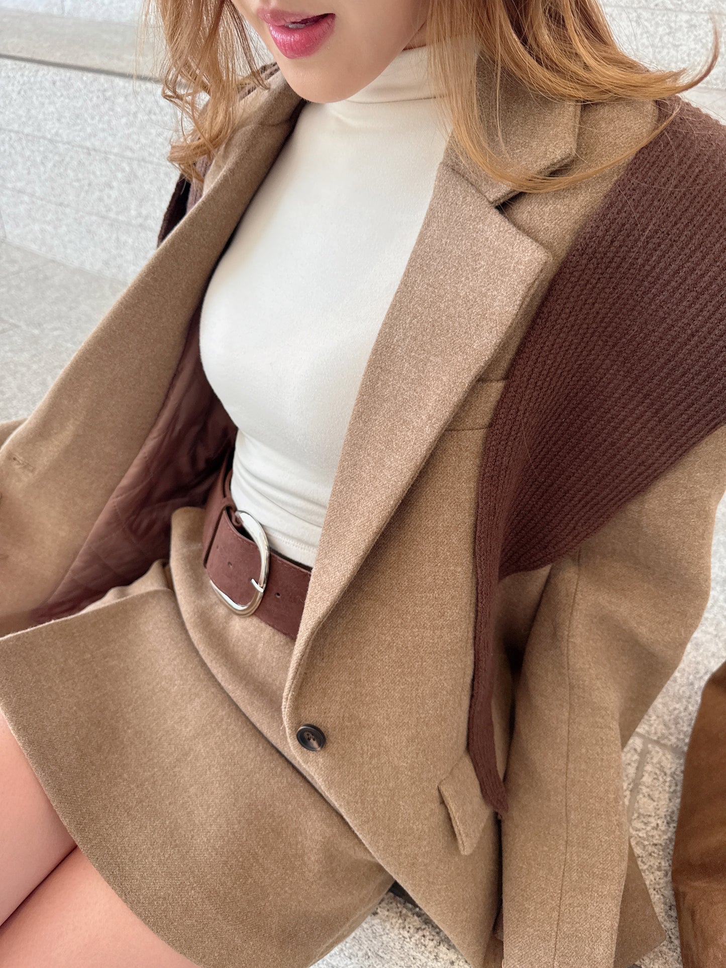 羊毛中長西裝褸套裝（啡/灰）