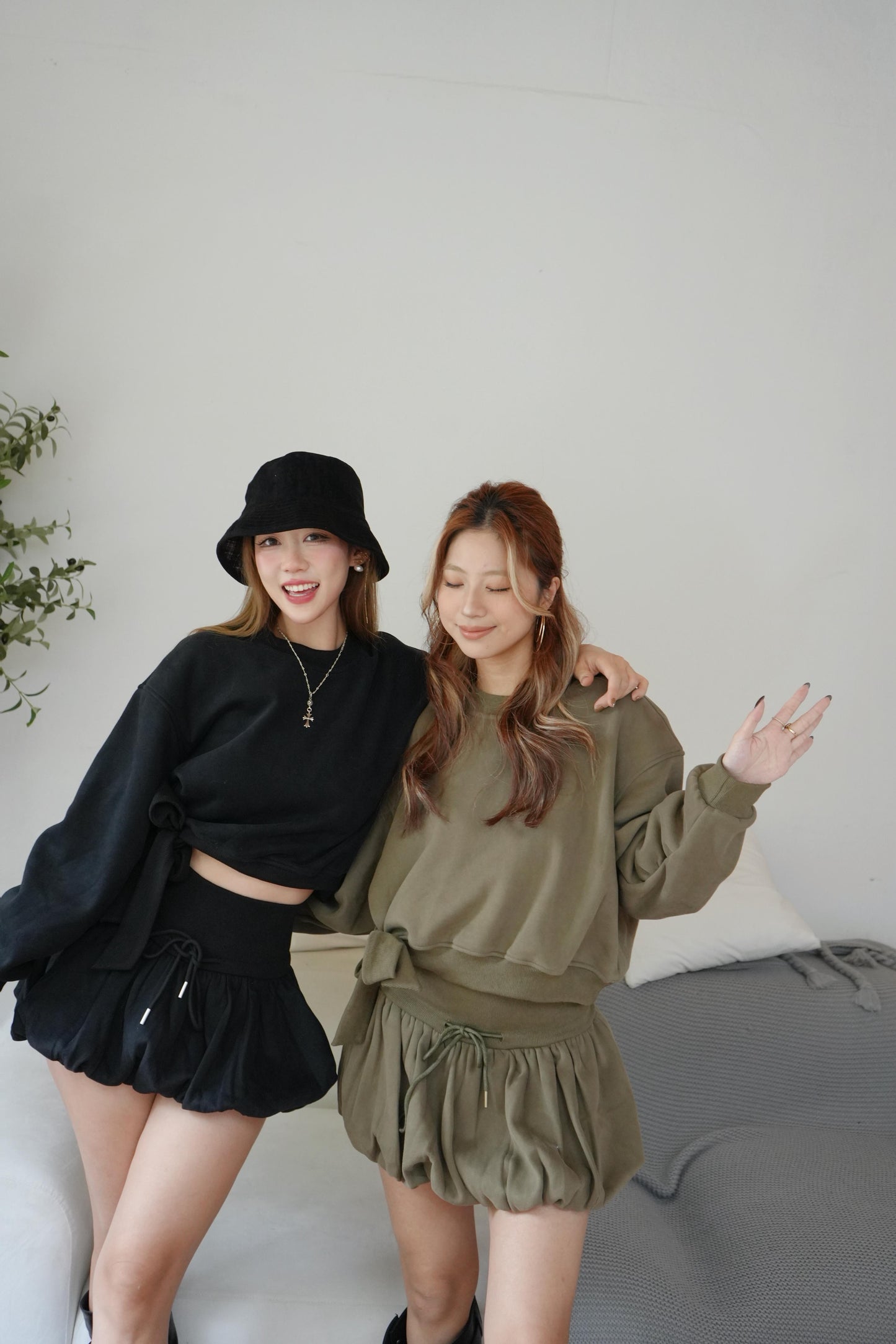 Ribbon crop top +bubble mini skirt