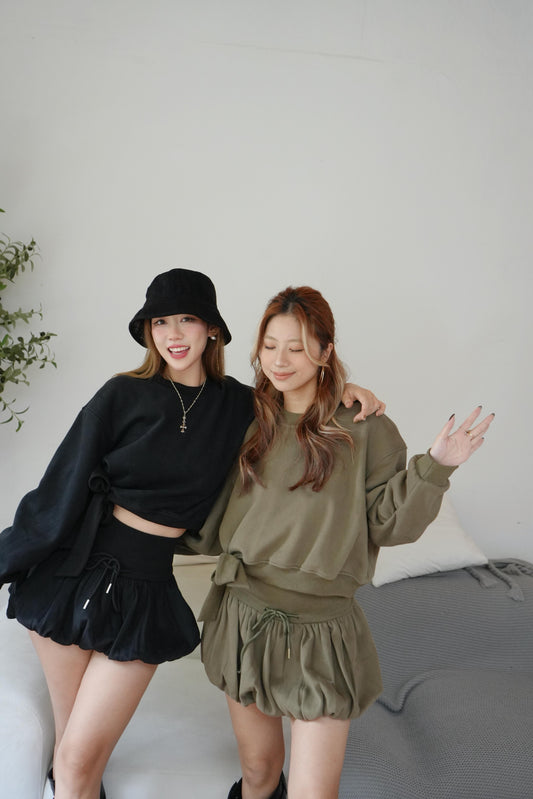 Ribbon crop top +bubble mini skirt