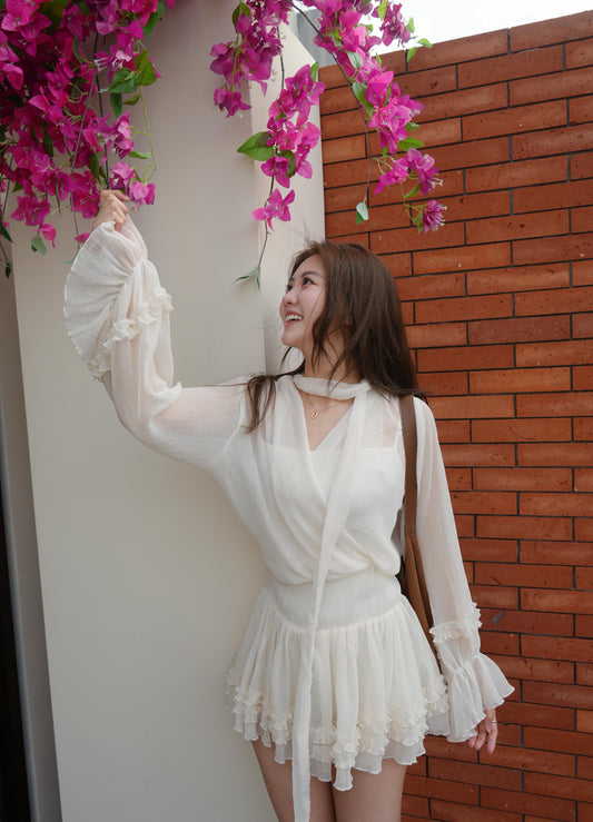 CU推薦* 透紗V領蓬蓬連身裙（淺杏）