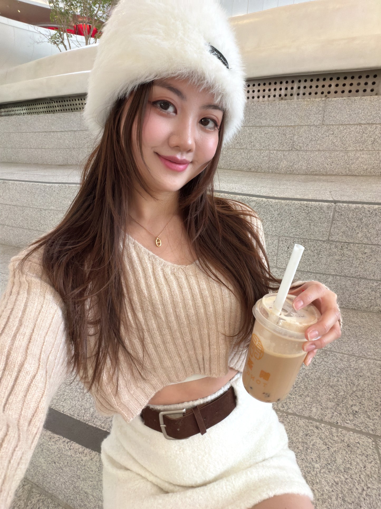 粗坑紋前短後長crop top (白/杏）