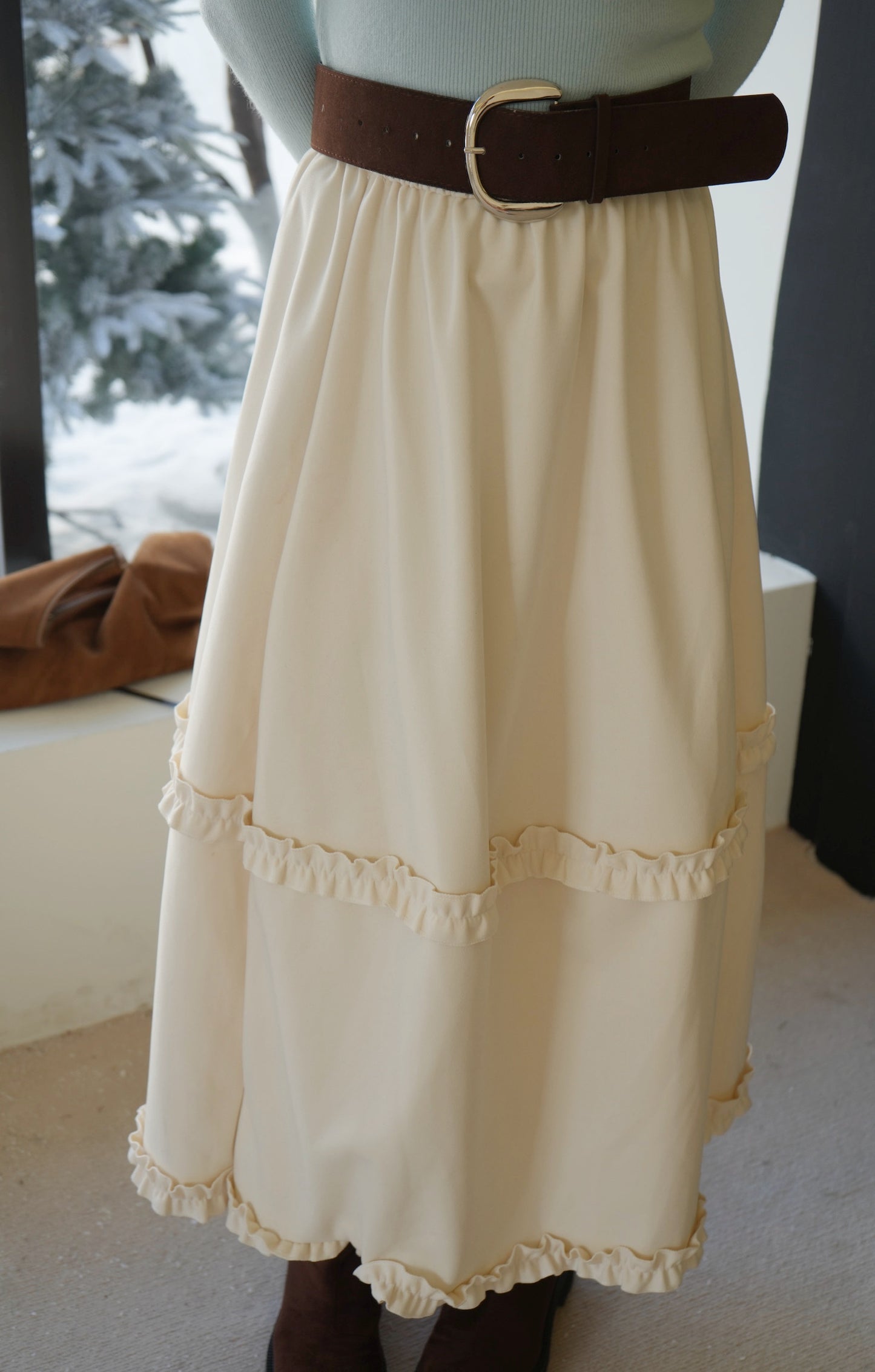 CU- cream layer絨面中長裙