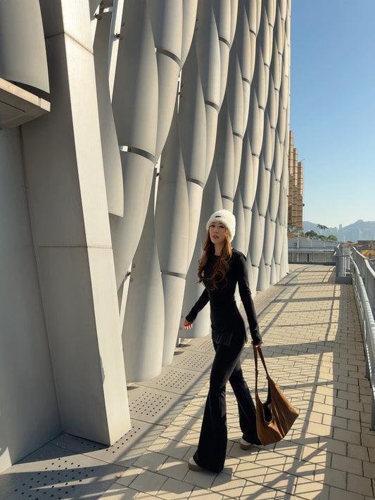 韓妹子S型彈力喇叭褲套裝（灰/啡）