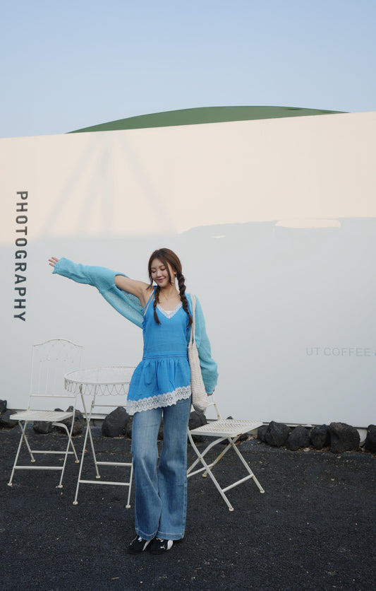 CU-海軍藍lace 吊帶上衣+短針織外套套裝