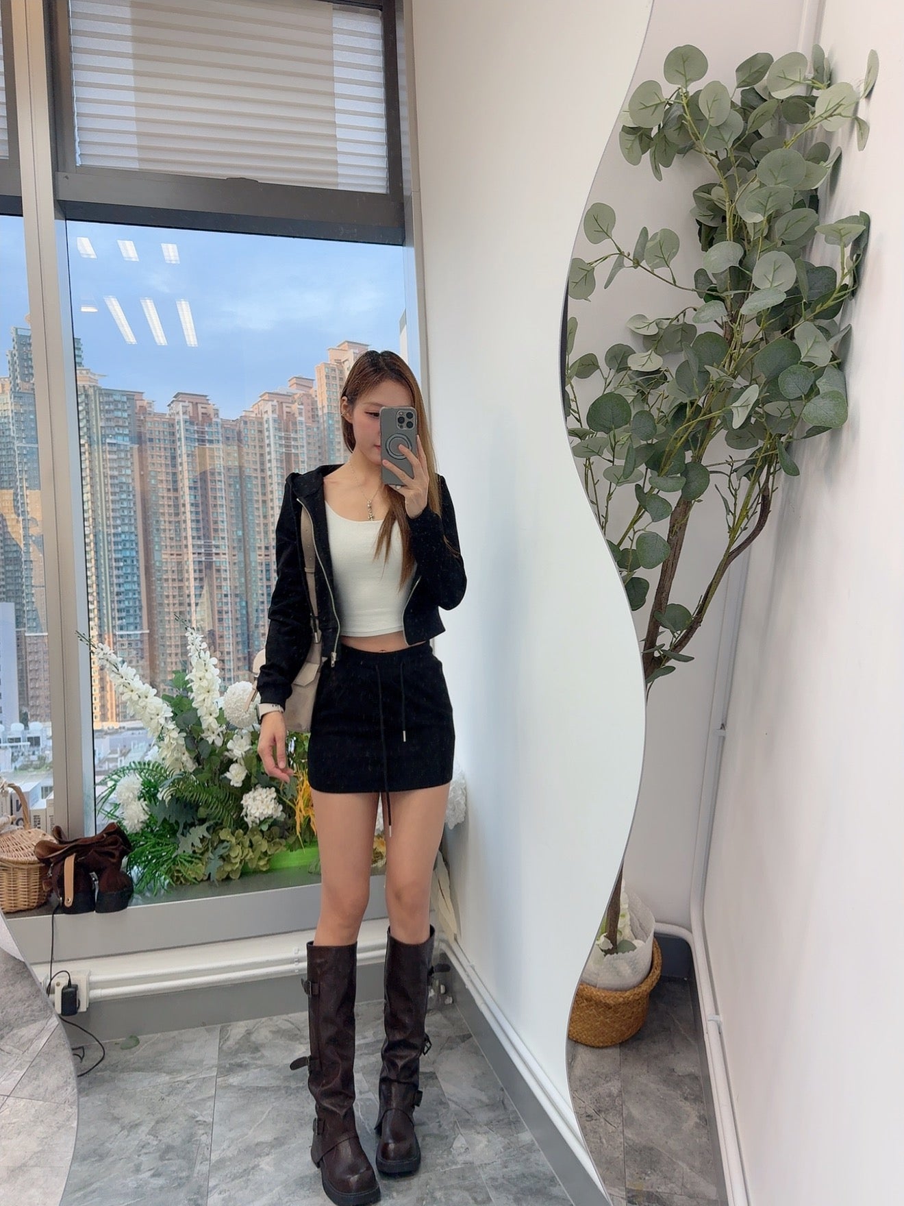 短身顯瘦衛衣+短裙套裝（黑/灰）