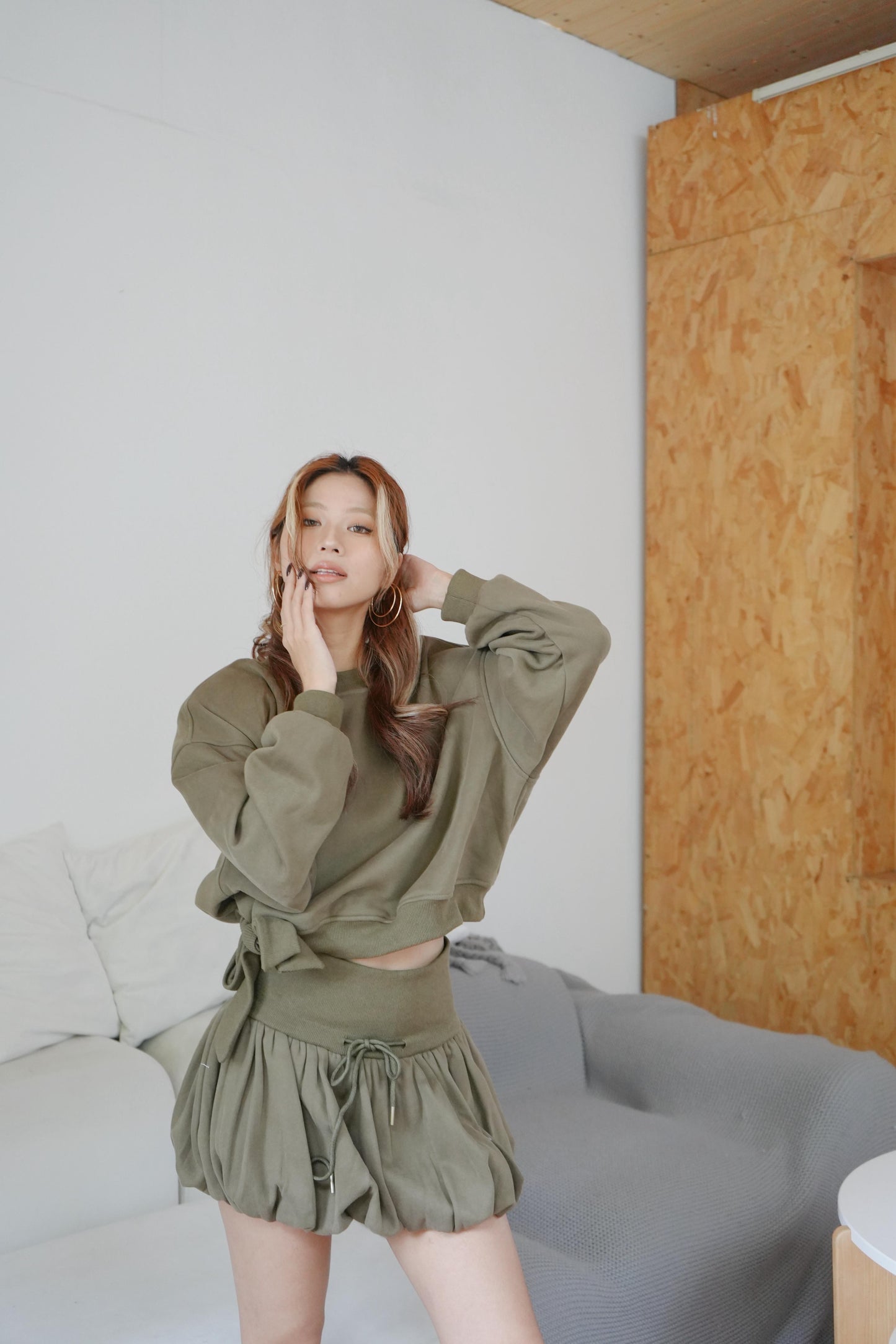 Ribbon crop top +bubble mini skirt