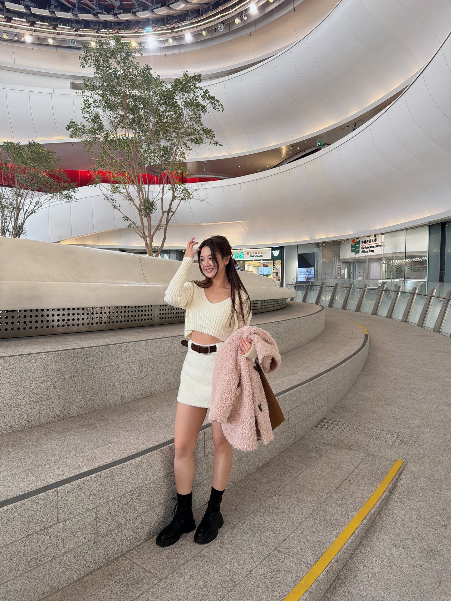 粗坑紋前短後長crop top (白/杏）