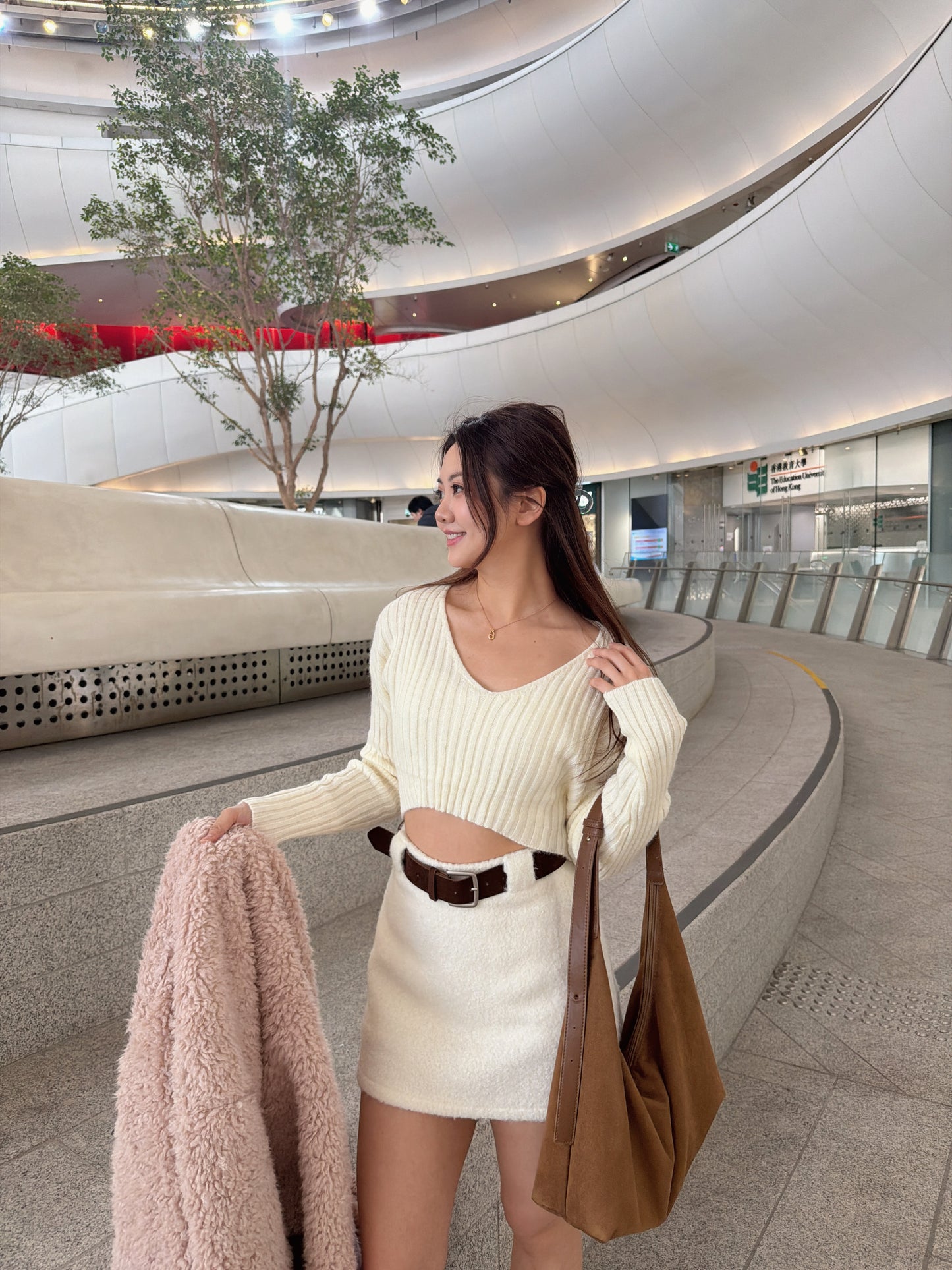 粗坑紋前短後長crop top (白/杏）