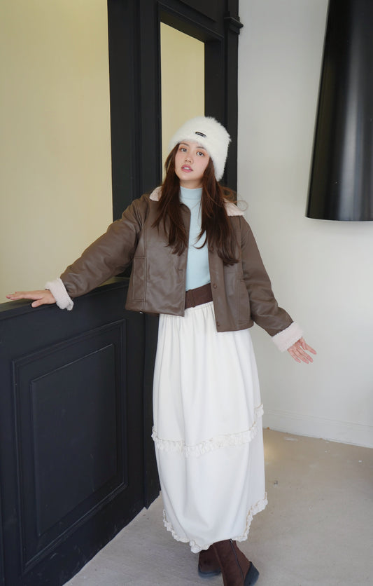 毛毛領拼皮夾棉外套