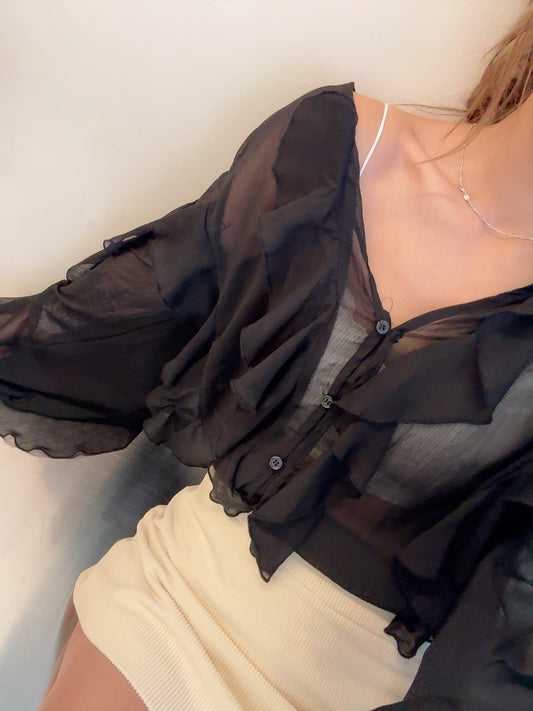 Black ruffle see through top