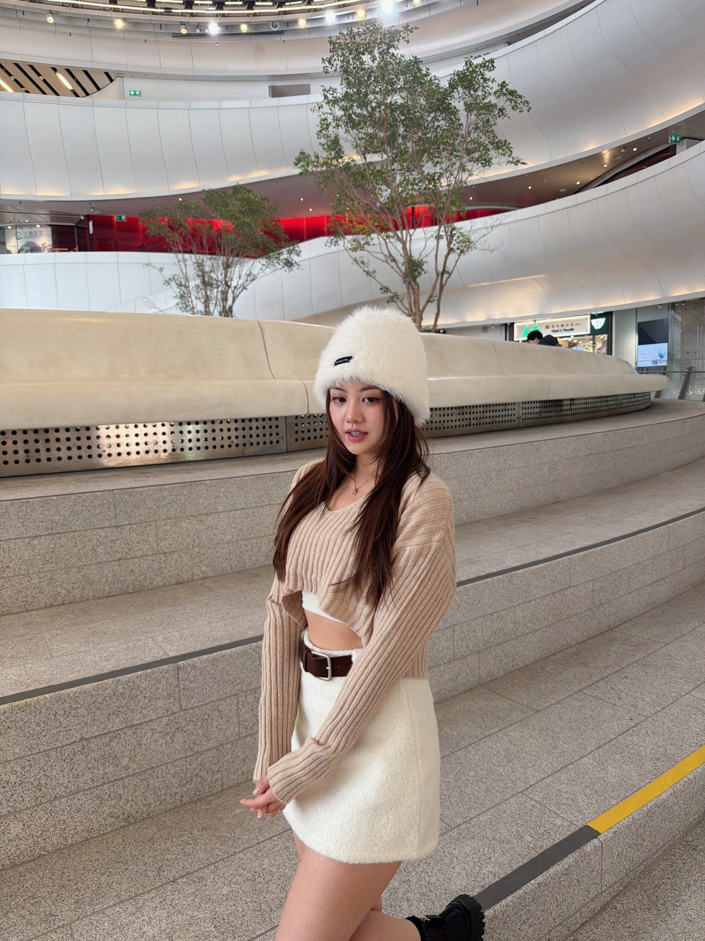 粗坑紋前短後長crop top (白/杏）