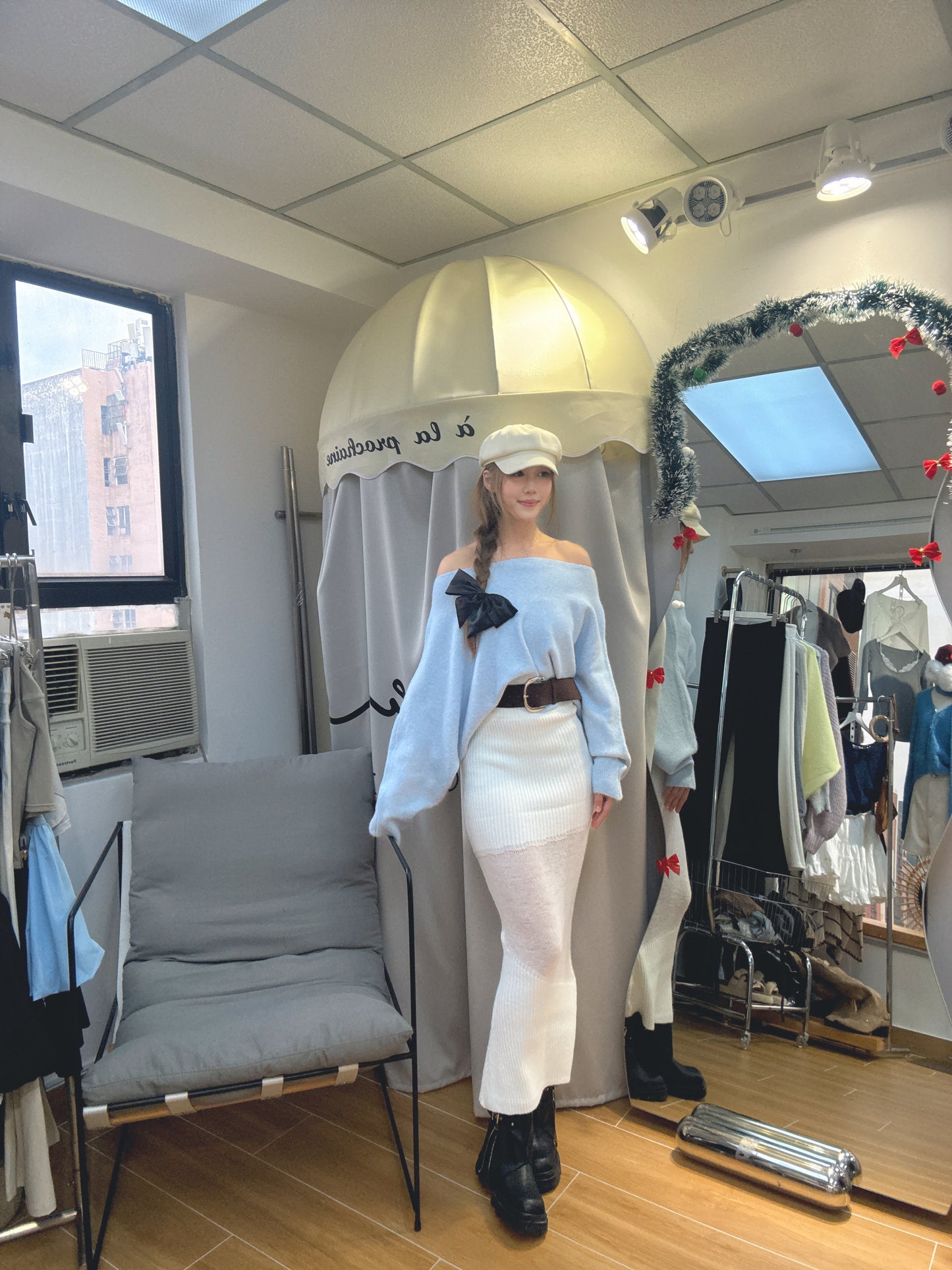 CU聖誕限定-雪絨針織錯覺魚尾裙（白/啡）