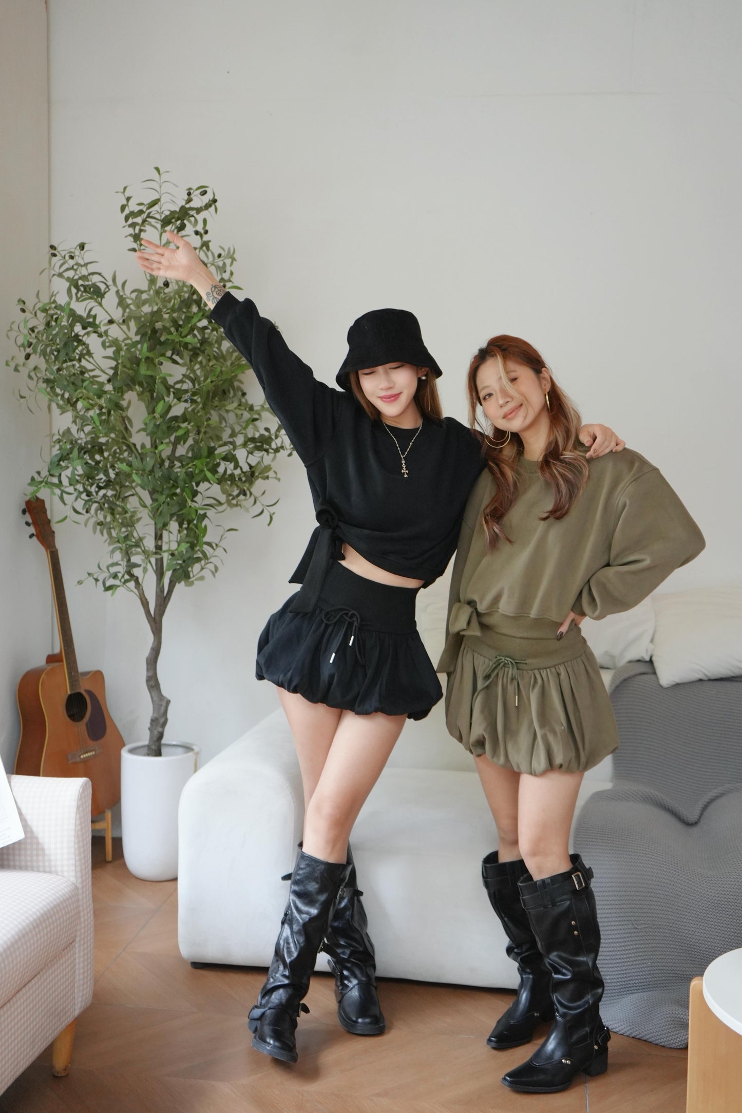 Ribbon crop top +bubble mini skirt