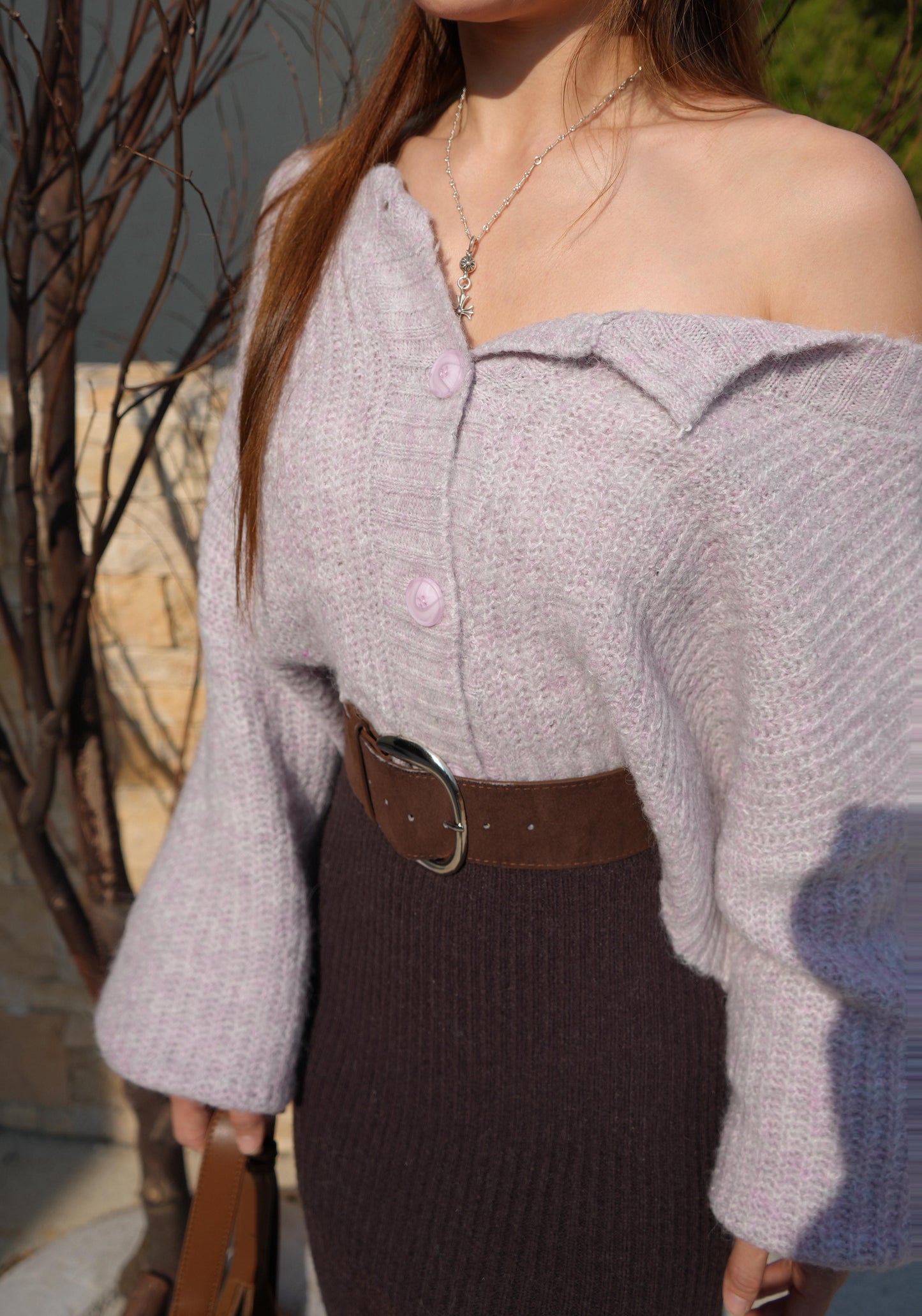 CU-圓領泡泡袖針織外套上衣（灰/粉）