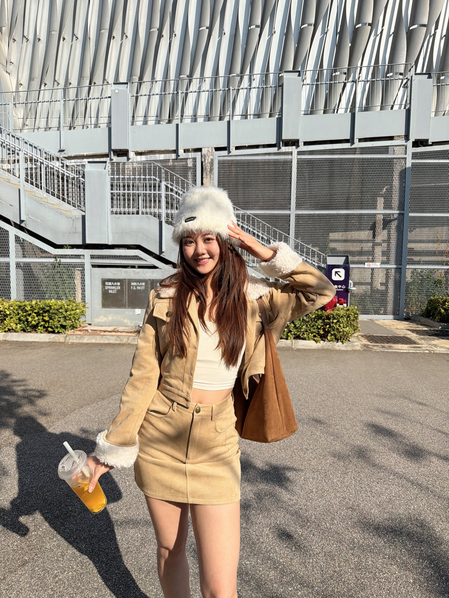 羽絨款毛毛領麂皮套裝裙（啡/奶茶）